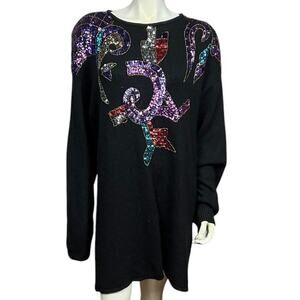 Vintage Faucetti Black Sweater Dress Purple Sequin Abstract Design Size 26/28